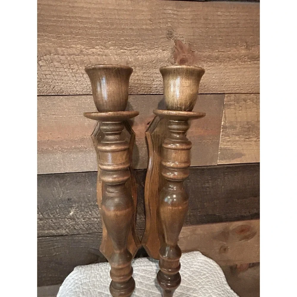 Vintage 60's Pair of Turned Wood Wall Hanging Candle Holders 16